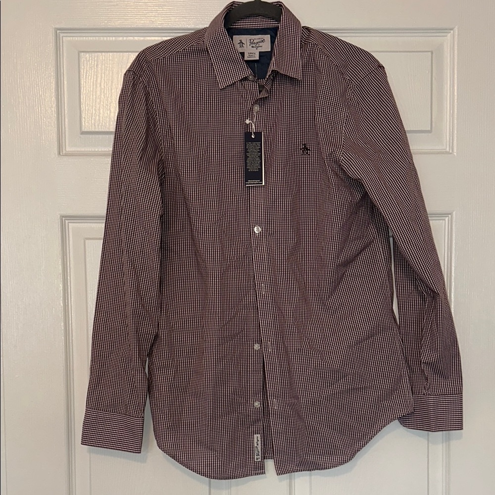 Perry Ellis Men's Burgundy Checkered Shirt